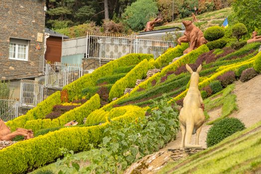 Juberri Sant Julia de Loria, Andorra: August 27 2020: Sculptures in Jardins de Juberri in summer 2020 in the Pyrenees of Andorra.