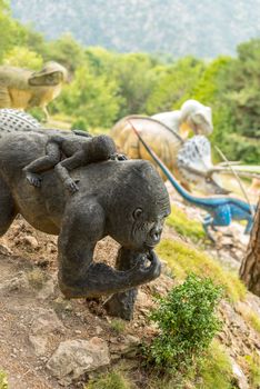 Juberri Sant Julia de Loria, Andorra: August 27 2020: Sculptures in Jardins de Juberri in summer 2020 in the Pyrenees of Andorra.