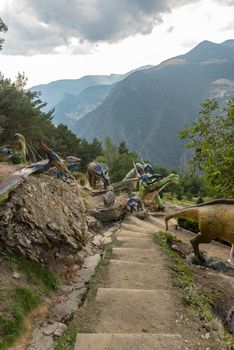 Juberri Sant Julia de Loria, Andorra: August 27 2020: Sculptures in Jardins de Juberri in summer 2020 in the Pyrenees of Andorra.