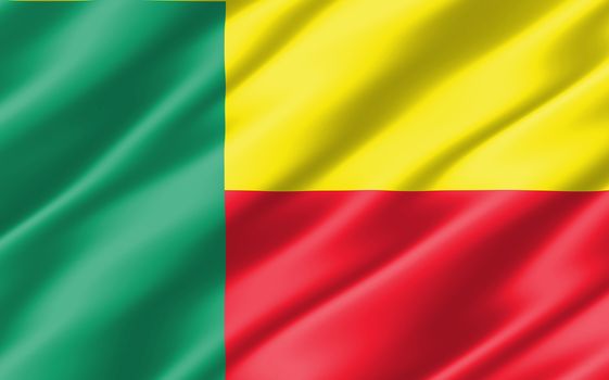 Silk wavy flag of Benin graphic. Wavy Beninese flag 3D illustration. Rippled Benin country flag is a symbol of freedom, patriotism and independence.