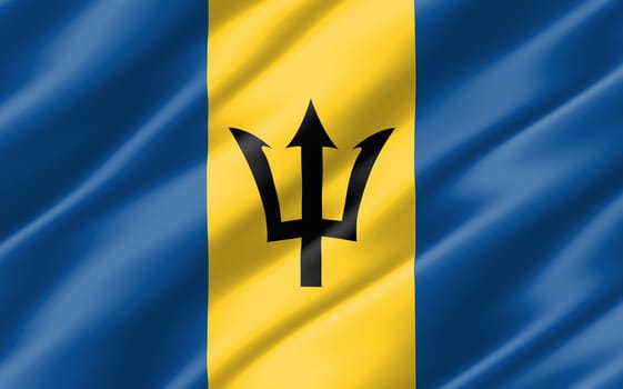 Silk wavy flag of Barbados graphic. Wavy Barbadian flag 3D illustration. Rippled Barbados country flag is a symbol of freedom, patriotism and independence.