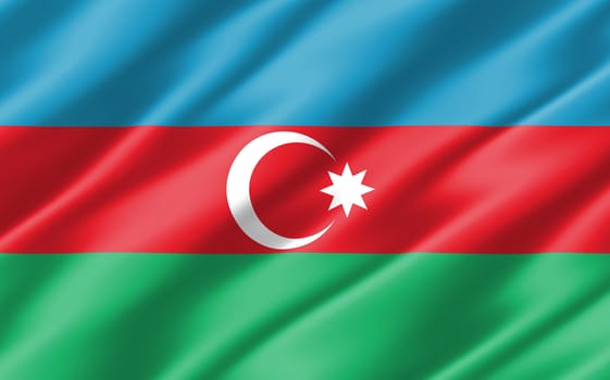 Silk wavy flag of Azerbaijan graphic. Wavy Azerbaijani flag 3D illustration. Rippled Azerbaijan country flag is a symbol of freedom, patriotism and independence.