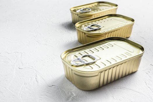 Set of same size close up closed canned food no labels , fish , fruits, vegetables, meat, soup different types of shapes top view onwhite textured background side view space for text.