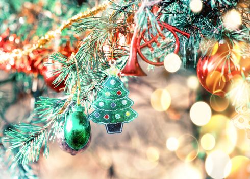 Christmas tree decorations and bokeh outdoors