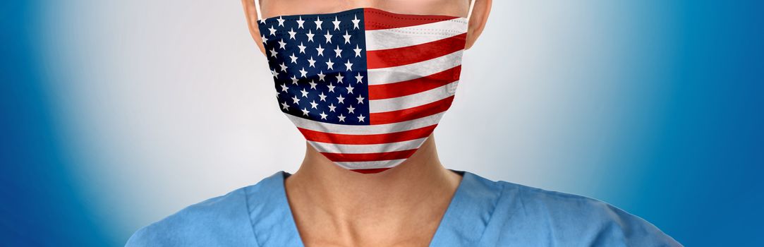 USA Flag pattern on medical face mask banner. American doctor wearing Corona virus protective covering as covid prevention in the United States of America. Panoramic concept for pandemic.
