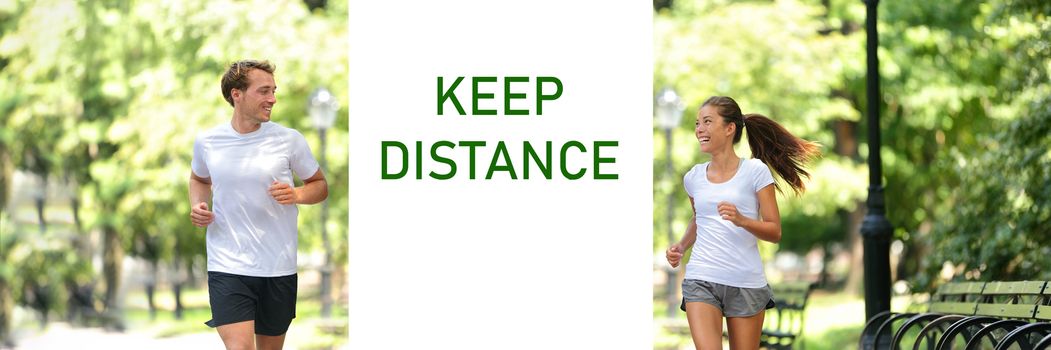 Social distancing KEEP DISTANCE Covid-19 sign friends talking happy panoramic banner. Asian woman speaking to man. Active runners running together in city park outdoor. Coronavirus prevention text.