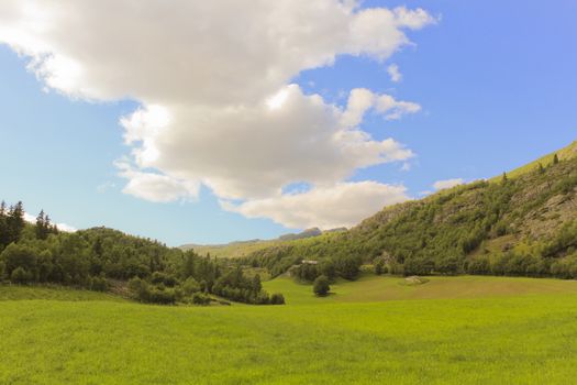 Spectacular landscape with blue sky and clouds row in beautiful Hemsedal, Buskerud, Norway.