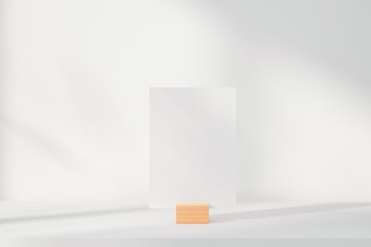 Mockup white greeting card standing on table. Suitable with 5x7 inchs or samilar paper size A4, A5, A6. 3D Rendering.