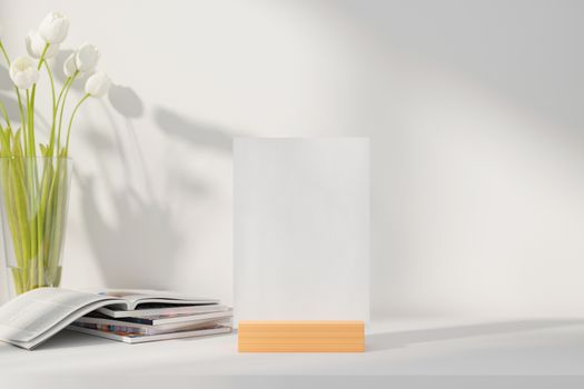 Mockup white greeting card standing on table. Suitable with 5x7 inchs or samilar paper size A4, A5, A6. 3D Rendering.