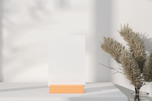 Mockup white greeting card standing on table. Suitable with 5x7 inchs or samilar paper size A4, A5, A6. 3D Rendering.