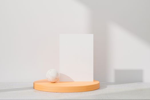 Mockup white greeting card standing on table. Suitable with 5x7 inchs or samilar paper size A4, A5, A6. 3D Rendering.