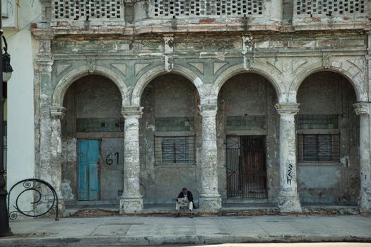 Havana, Cuba - 8 February 2015: Example of colonial architecture on Malecon with balconies and arches
