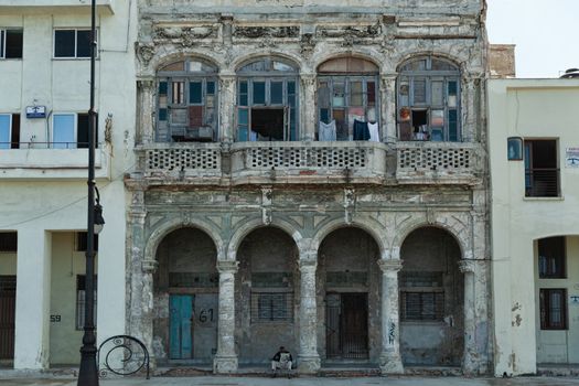 Havana, Cuba - 8 February 2015: Example of colonial architecture on Malecon with balconies and arches