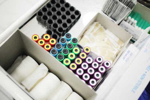Medical test tubes with colored caps for various tests of blood and other liquids