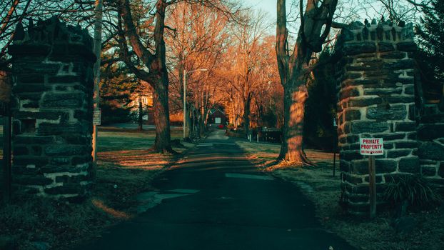 A Black Driveway in a Large Autumn Field With Cobblestone Pillars on Each Side