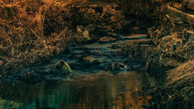 A Slow Flowing Stream With a Water Bottle and Plastic Bag Stuck Floating in the water