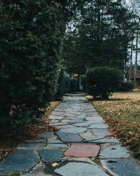 A Cobblestone Path Leading Up To The Front Door of a Home With Trees and Bushes on the Sides of the Path