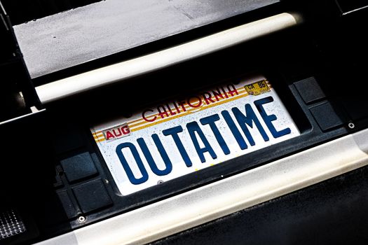 Osaka, Japan - Feb 12, 2016 : Use movie of Ready Player One. Photo of  Close up of Delorean DMC-12 license plate from Back to the Future at Universal Studios Japan.