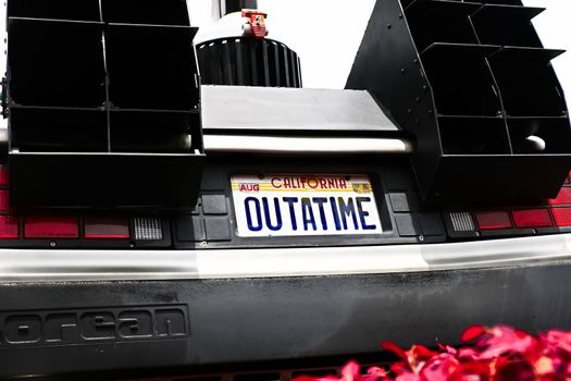 Osaka, Japan - Feb 12, 2016 : Use movie of Ready Player One. Photo of  Close up of Delorean DMC-12 license plate from Back to the Future at Universal Studios Japan.