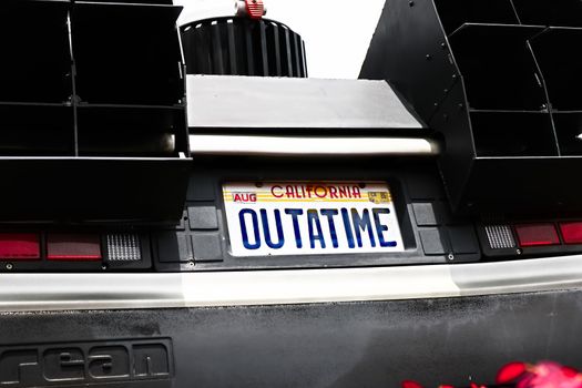 Osaka, Japan - Feb 12, 2016 : Use movie of Ready Player One. Photo of  Close up of Delorean DMC-12 license plate from Back to the Future at Universal Studios Japan.