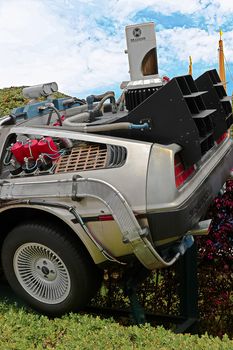 Osaka, Japan - Feb 12, 2016 : Use movie of Ready Player One. Photo of  Close up of Delorean DMC-12  left rear part from Back to the Future at Universal Studios Japan.