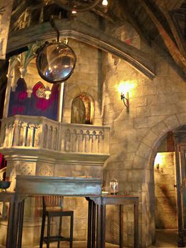 Osaka, Japan - Nov 5, 2016 : Inside the Harry Potter Park Castle 'Hogwarts Castle Tour' at the Wizarding World of Harry Potter in Universal Studios Japan.