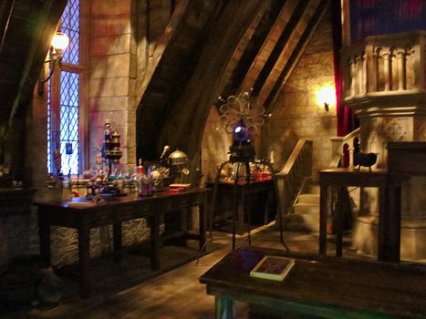 Osaka, Japan - Nov 5, 2016 : Inside the Harry Potter Park Castle 'Hogwarts Castle Tour' at the Wizarding World of Harry Potter in Universal Studios Japan.