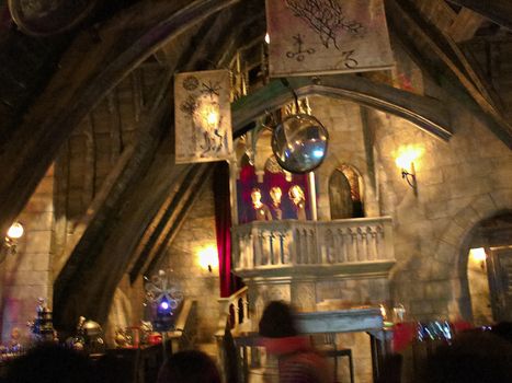 Osaka, Japan - Nov 5, 2016 : Inside the Harry Potter Park Castle 'Hogwarts Castle Tour' at the Wizarding World of Harry Potter in Universal Studios Japan.