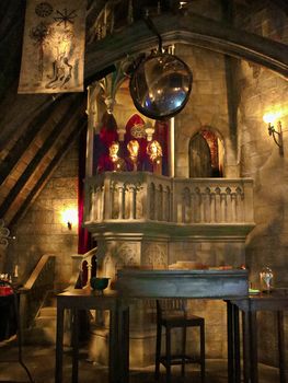 Osaka, Japan - Nov 5, 2016 : Inside the Harry Potter Park Castle 'Hogwarts Castle Tour' at the Wizarding World of Harry Potter in Universal Studios Japan.
