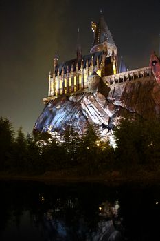 Osaka, Japan - Dec 02, 2017: View of Hogwarts castle at the Wizarding World of Harry Potter in Universal Studios Japan.