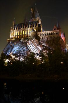 Osaka, Japan - Dec 02, 2017: View of Hogwarts castle at the Wizarding World of Harry Potter in Universal Studios Japan.