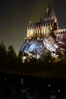 Osaka, Japan - Dec 02, 2017: View of Hogwarts castle at the Wizarding World of Harry Potter in Universal Studios Japan.