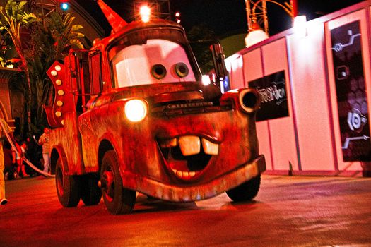 Anaheim, CA/USA - Nov 26, 2010 : Tow Mater in the Disney Pixar California Adventure parade at Disney California Adventure Park in Anaheim, California. Disney California Adventure Park is themed after the history and culture of California.