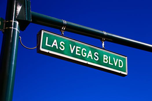 Road sign of Las Vegas BLVD.Street sign of Las Vegas Boulevard.Green Las Vegas Sign with blue sky Background.