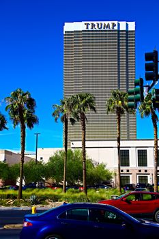 Las Vegas, USA - Sep 17, 2018: Trump International Hotel in Las Vegas, NV, named for real estate developer and politician Donald Trump. The luxury property's windows are gilded with 24-carat gold.