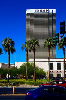 Las Vegas, USA - Sep 17, 2018: Trump International Hotel in Las Vegas, NV, named for real estate developer and politician Donald Trump. The luxury property's windows are gilded with 24-carat gold.