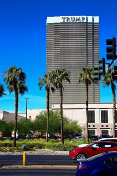 Las Vegas, USA - Sep 17, 2018: Trump International Hotel in Las Vegas, NV, named for real estate developer and politician Donald Trump. The luxury property's windows are gilded with 24-carat gold.