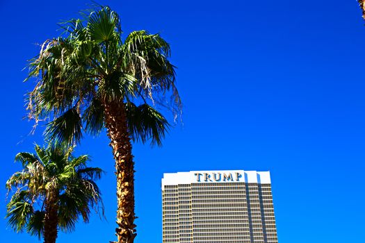 Las Vegas, USA - Sep 17, 2018: Trump International Hotel in Las Vegas, NV, named for real estate developer and politician Donald Trump. The luxury property's windows are gilded with 24-carat gold.