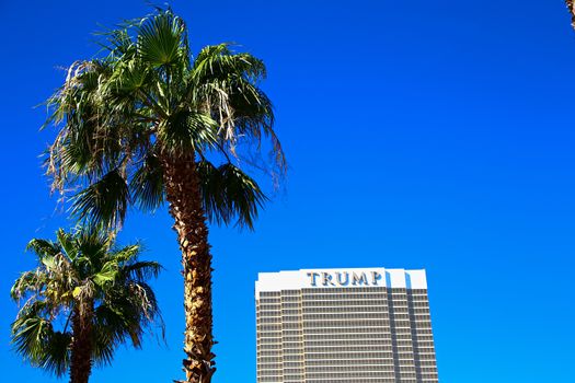 Las Vegas, USA - Sep 17, 2018: Trump International Hotel in Las Vegas, NV, named for real estate developer and politician Donald Trump. The luxury property's windows are gilded with 24-carat gold.