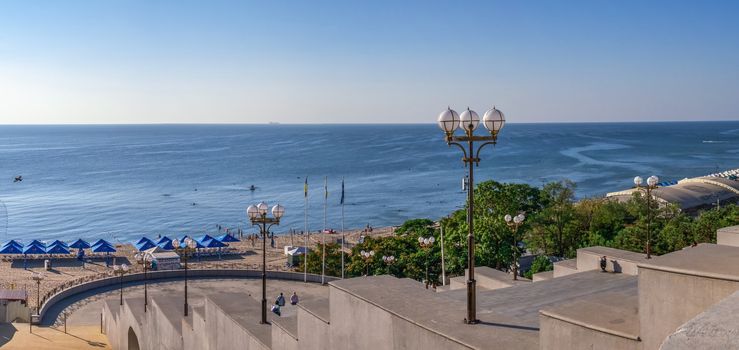 Chernomorsk, Ukraine 08.22.2020. Panoramic view of the Public beach in Chernomorsk city on a sunny summer morning