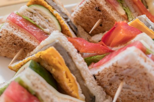 Vegetarian sandwiches. Healthy toasts with omelette, peppers, courgettes and tomatoes for breakfast or lunch. Plant-based diet. Whole food concept. Close-up.