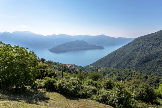 Aerial view of Monte Isola on lake Iseo. Amazing italian landscape. Parzanica (BG), ITALY - July 9, 2020.