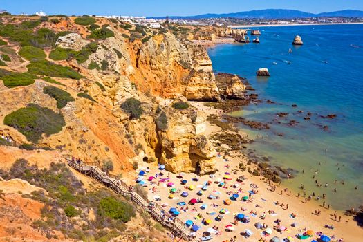 Aerial from Praia do Camillo on a rocky southcoast near Lagos in Portugal