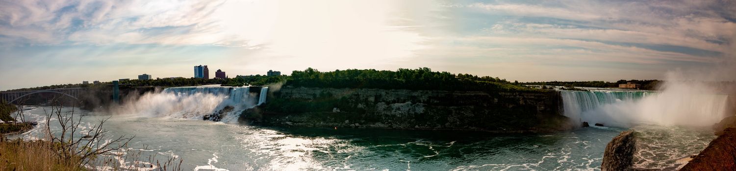 August 26 2020, Niagara falls Canada: Editorial photo of an aerial panormal of the falls and the city of Niagara. Niagara is one of Canadas most popular tourist destinations and has been hit hard by covid. High quality photo