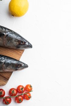 Mackerel with ingredients on white textured background, top view with copy space.