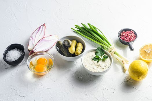 Concept Organic tartare in a white porcelain bowl with vegetables in a row capers, cucumbers, parsley, lemon and eggs of fresh mayonnaise This classic italian creamy sauce for deep fried fish, seafood. Over white textured background stone or concretet side view.