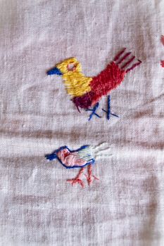 birds hand made embroidered smooth decoration on white fabric , vintage folk embroidery in Belarus, second half of 19 century