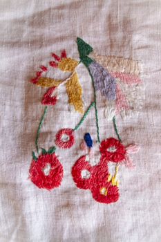 cherry hand made embroidered smooth decoration on white fabric , vintage folk embroidery in Belarus, second half of 19 century