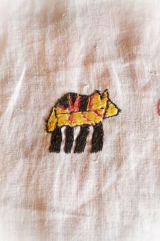 fox hand made embroidered smooth decoration on white fabric , vintage folk embroidery in Belarus, second half of 19 century