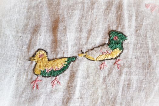 duck hand made embroidered smooth decoration on white fabric , vintage folk embroidery in Belarus, second half of 19 century